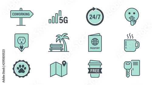 Coastal Nomad Coworking Signage Icon Set for Navigation UI Flat Vector Isolated on White Background