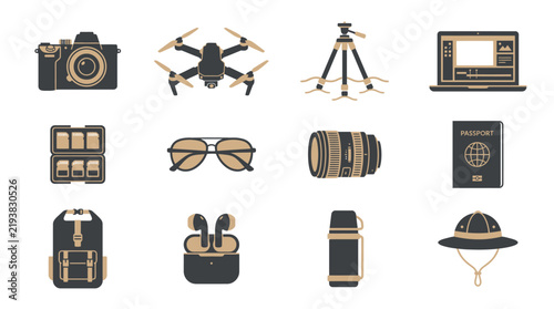 Beachside Creative Studio Icon Set for Photography Workation Flat Vector Isolated on White Background