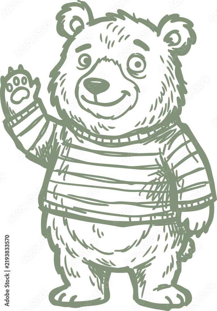 Fototapeta premium Waving bear in striped shirt hand drawn illustration
