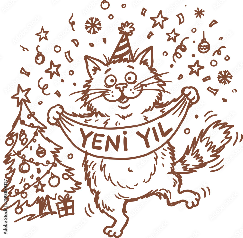 Naklejka premium Naive new year cat illustration with decorated christmas tree and banner