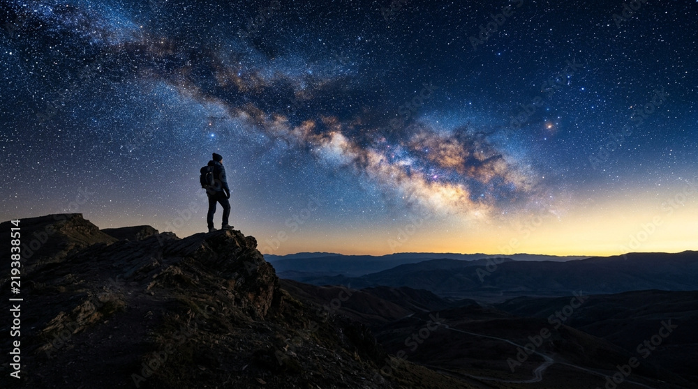 Fototapeta premium Silhouette of hiker on mountain peak under milky way galaxy