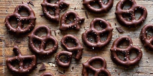 Chocolate Covered Pretzels Arranged on Rustic Dessert Table Food Photography