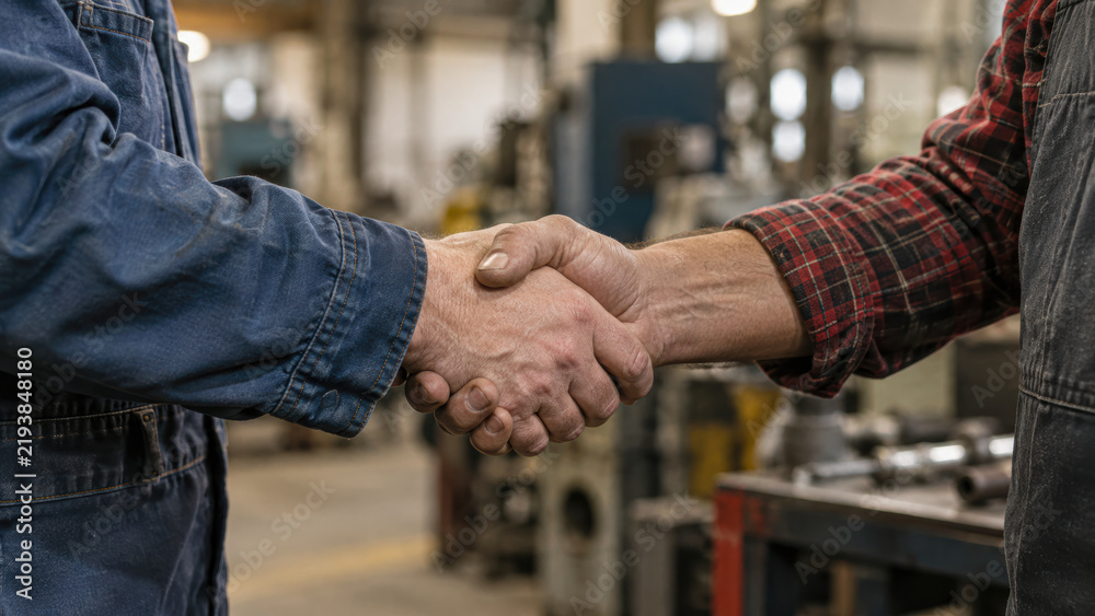Fototapeta premium Two workers in a workshop or factory shake hands, symbolizing agreement or partnership.
