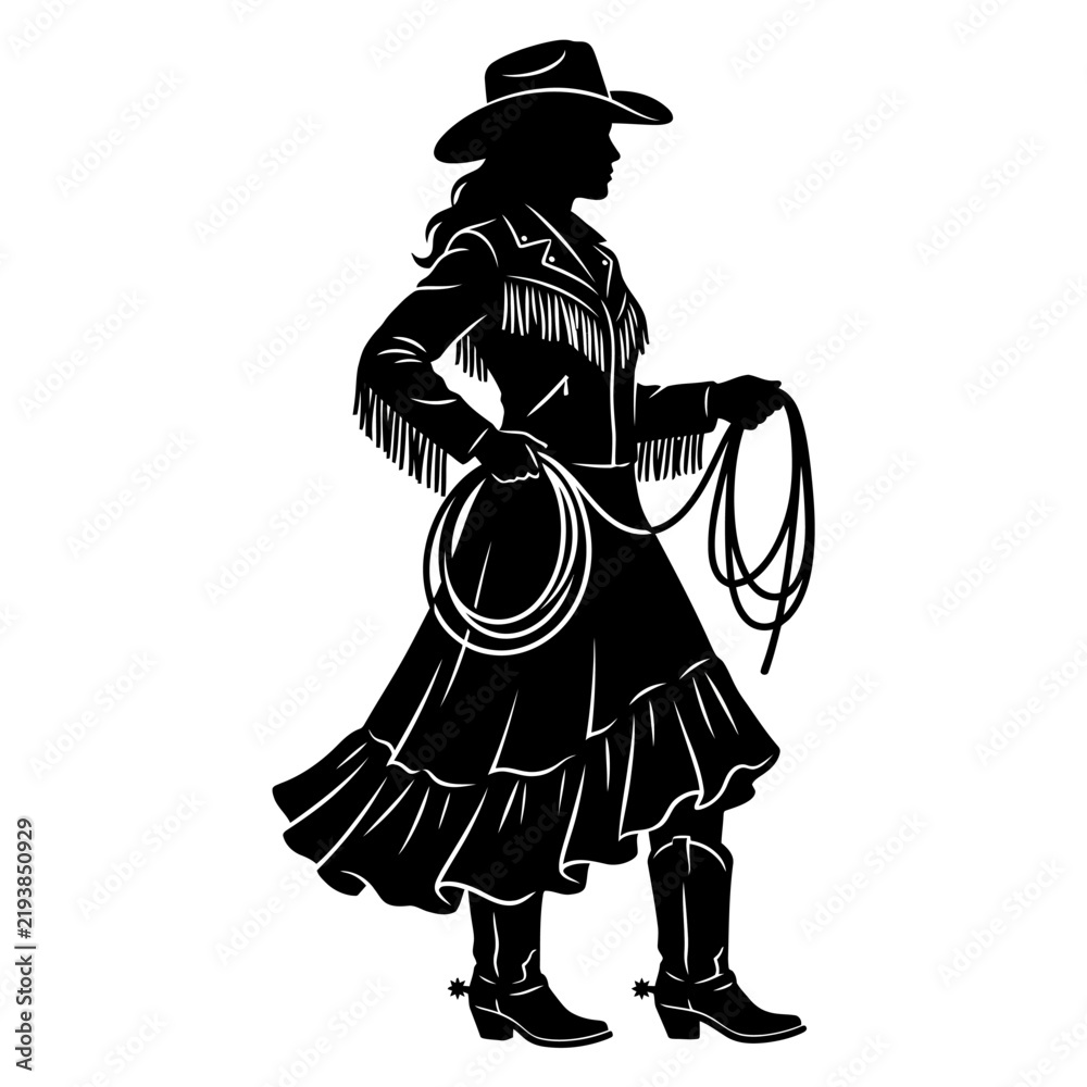 Obraz premium A high-contrast black and white silhouette graphic of a stylish cowgirl wearing a western hat, a fringed jacket, and a ruffled skirt, holding a coiled lasso rope.