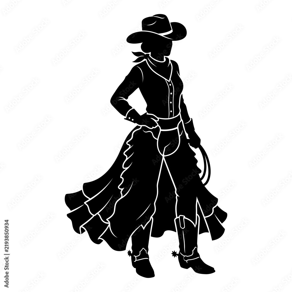 Obraz premium A high-contrast black silhouette of a cowgirl standing in a western outfit, wearing a hat, shirt, skirt, and boots with spurs, holding a lasso in her hand.