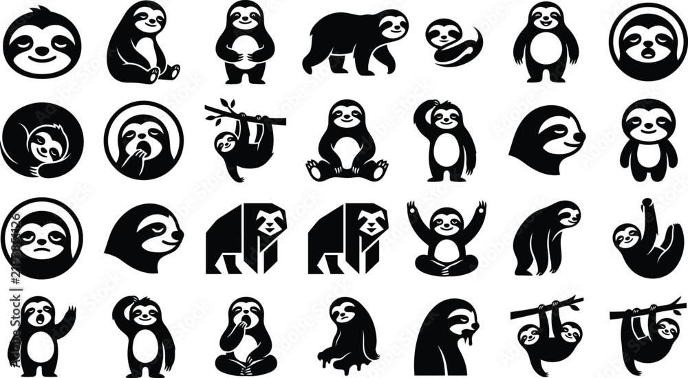 Obraz premium Collection of various cute sloth icons and character illustrations in a black and white hand drawn style isolated on transparent background