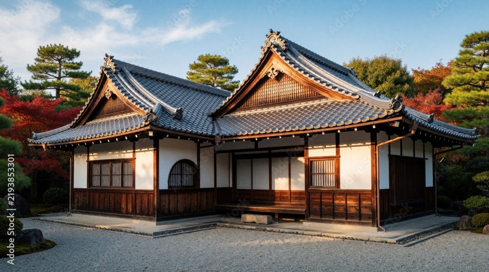 Fototapeta premium Traditional Japanese house with unique roof design sits in serene garden. Wooden structure features tatami mats and shoji screens, evoking zen tranquility. Autumn leaves surround peaceful retreat.