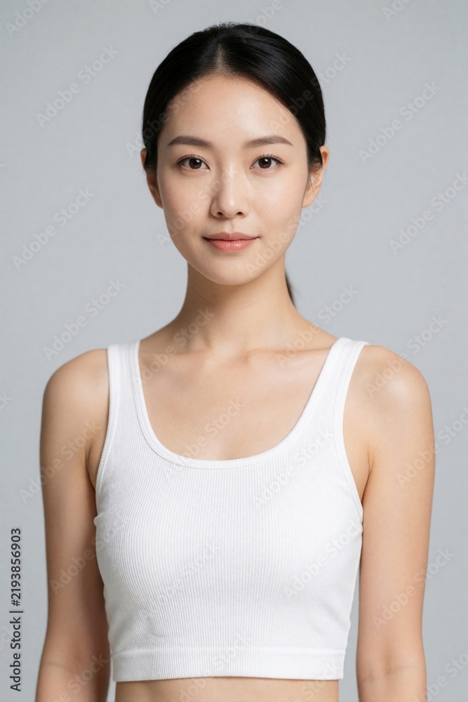 Fototapeta premium Young Asian woman with clear skin poses indoors. She has dark hair pulled back, wearing white tank top. Her face is smooth, showing gentle, calm expression, looking directly forward with subtle smile.