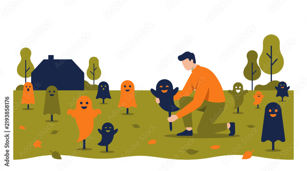 Fototapeta premium Man decorating front yard garden with cute spooky halloween ghost figures flat vector illustration. EPS Editable. Vector Illustrations.