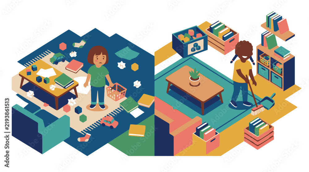 Fototapeta premium Children exploring colorful isometric library with books and bookshelves illustration. EPS Editable. Vector Illustrations.