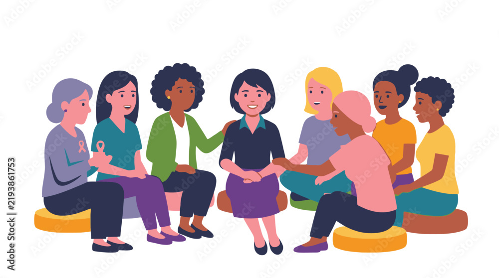 Fototapeta premium Diverse women sitting in circle having supportive group therapy session. EPS Editable. Vector Illustrations.