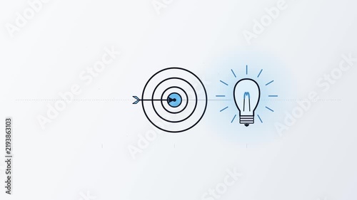 Animated vector arrow hitting bullseye target and turning on lightbulb