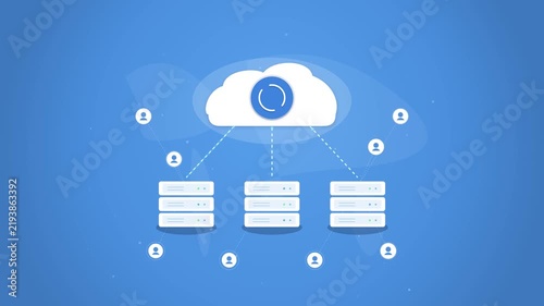 Cloud computing network animation with data servers and user icons connecting