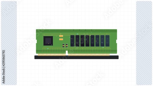 Computer memory module installation animation showing data transfer and circuit board connectivity