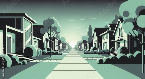 Suburban Street Scene With Modern Homes And Lush Greenery