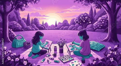 Two Children Painting Together Outdoors During A Beautiful Sunset