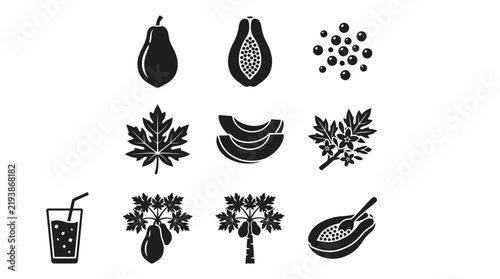 Black and white fruit icons set.