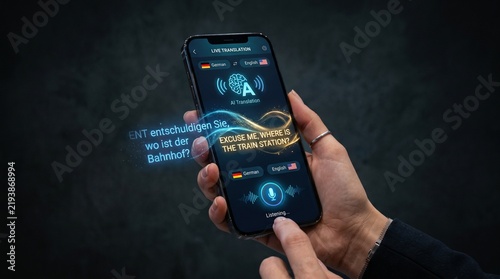 Professional developer reviewing code translation on smartphone with holographic interface overlay