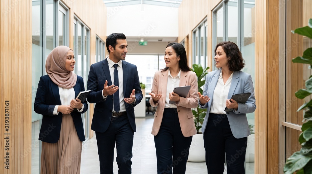 Obraz premium Diverse business professionals collaborating and walking in a modern office hallway