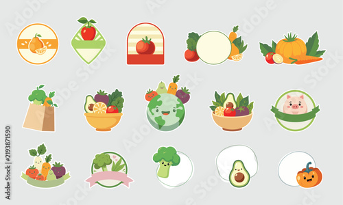 Vegetarian stickers flat vector graphic collection