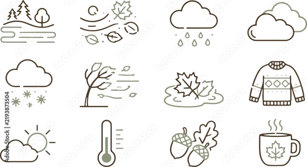 Fototapeta premium Seasonal autumn weather icons set with minimalist line art