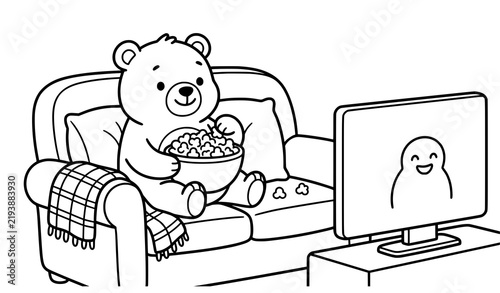 Cute Bear Watching Movie with Popcorn Cozy Coloring Page Line Art
