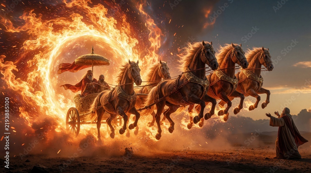 Obraz premium Horses pull fiery chariot through burning portal. Man in robes watches from ground as divine energy surrounds scene. Mythological transport moves across sky.