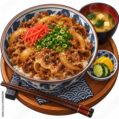Gyudon Illustration: Japanese Beef Rice Bowl, Thinly Sliced Beef, Sweet Soy Sauce, Onions, and Delicious Comfort Food Details