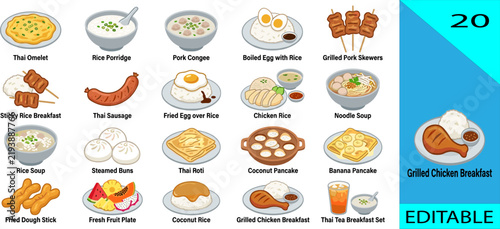 Фотография Set of 20 Thai breakfast icons kai jeow jok gai kai dao moo ping khao niao edita