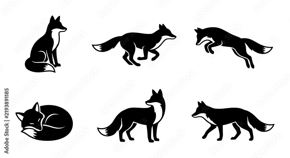 Fototapeta premium Black Fox Silhouettes, Woodland Animal Poses, Wild Canine Vector Set, Nature Graphics