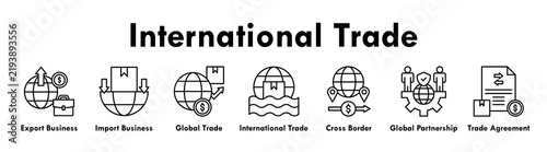 International Trade banner web icon illustration concept with icon of export business, import business, global trade, international trade, cross border, global partnership, and trade agreement