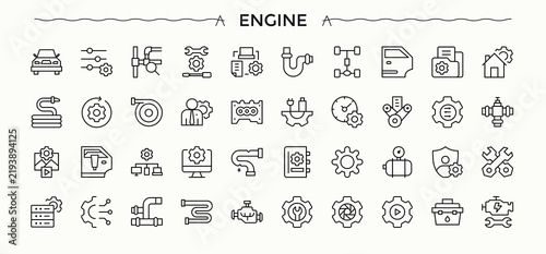 Engine icon collection. Automotive icon set. Collection for mobile and web apps. Pack of auto parts, service, parts, automotive, spare and more. Vector illustration.