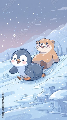 Cute penguin and otter sliding down a snowy hill in winter with falling snowflakes