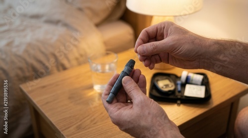 Man checking blood sugar level with glucose meter at bedside table, diabetes care at home