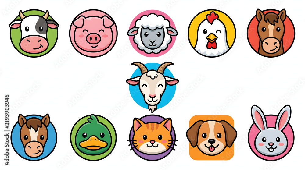 Obraz premium Set of cute farm animal head vector icons with colorful faces in a cartoon sticker style.
