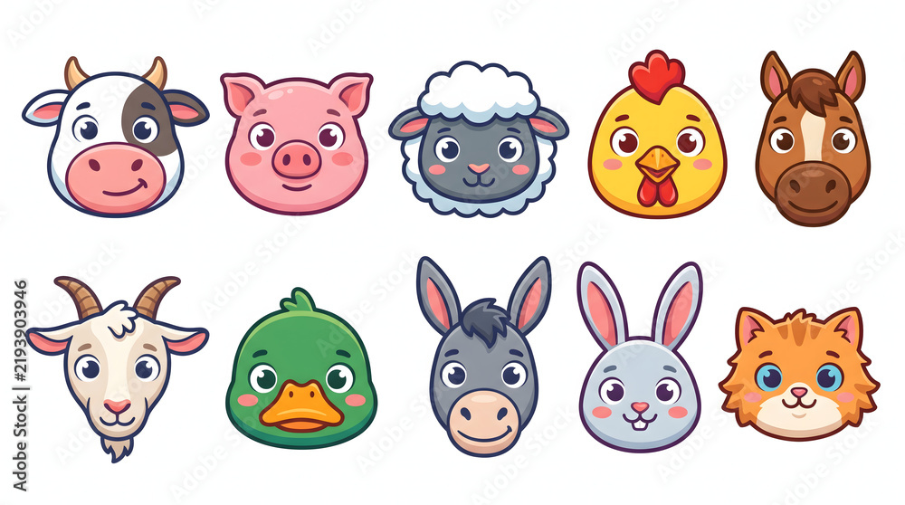 Fototapeta premium Collection of cute cartoon farm animal head icons for kids educational design and stickers