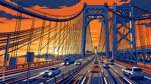 Stylized digital illustration of a suspension bridge at sunset with heavy traffic flow and vibrant orange sky