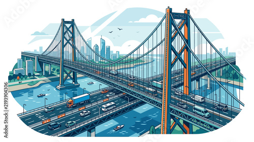 Detailed Illustration of a Modern Suspension Bridge Over a Bustling River with Urban Traffic and City Skyline Background