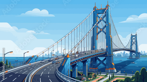 Modern Suspension Bridge Over Waterway Featuring Multi-Lane Highway Infrastructure and Urban Cityscape Background