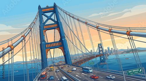 Vibrant Illustration of a Grand Suspension Bridge Spanning Across a Busy Bay with City Skyline at Sunset