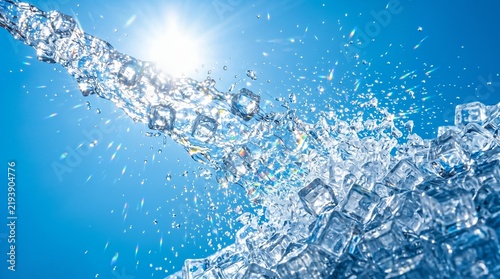 Dynamic clear water splash pouring over a pile of ice cubes with shining sun on bright blue sky background, refreshing summer cold drink and extreme freshness concept