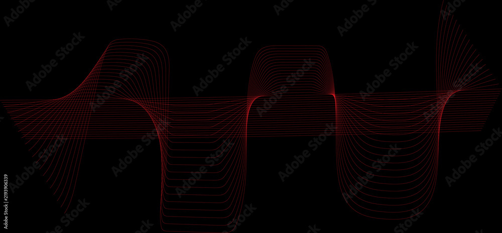 Obraz premium Abstract red sound wave background featuring repeating parallel lines forming complex geometric patterns on deep black surface for audio visualization or digital art projects