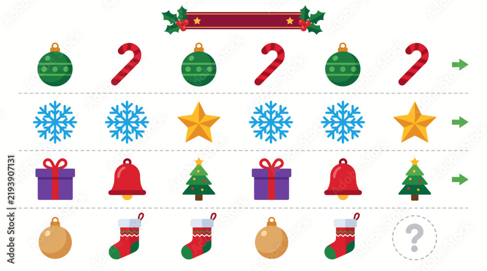Fototapeta premium Christmas pattern recognition logic game for children with festive icons