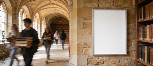 Blank vertical poster mockup on a stone wall in a busy university library hallway with students walking