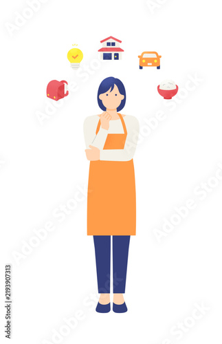 Plakat 食費や光熱費など生活費の見直しについて考える主婦 女性の全身イラスト素材