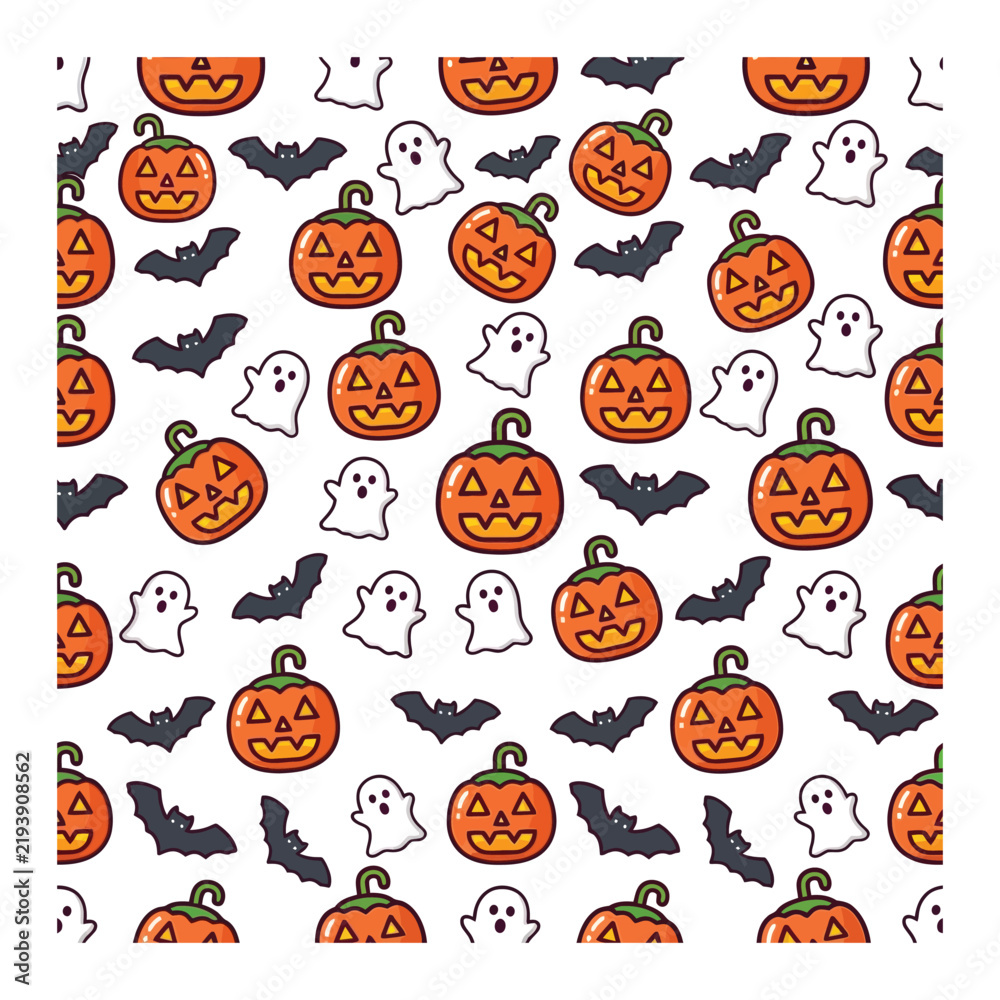 Fototapeta premium Seamless pattern of spooky Halloween elements including pumpkins and ghosts