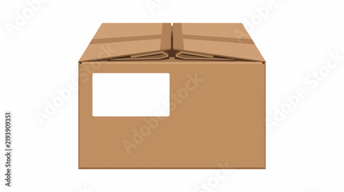 Sealed Cardboard Box with Label: A plain, sealed brown cardboard box with taped seams and a blank white label is ready for shipping or storage.