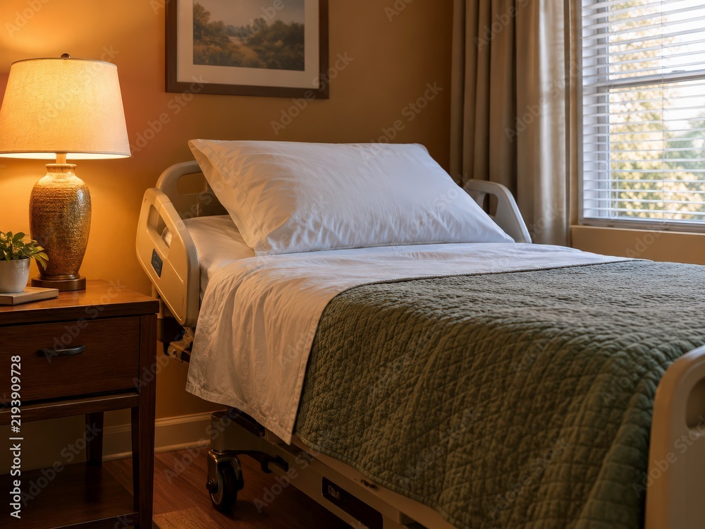 Obraz premium Warm light shining beside a neat care bed in a cozy room with muted amber walls and soft daylight filtering through the window
