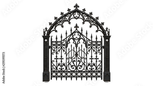 Ornate black cast iron gothic cemetery gate isolated on white background
