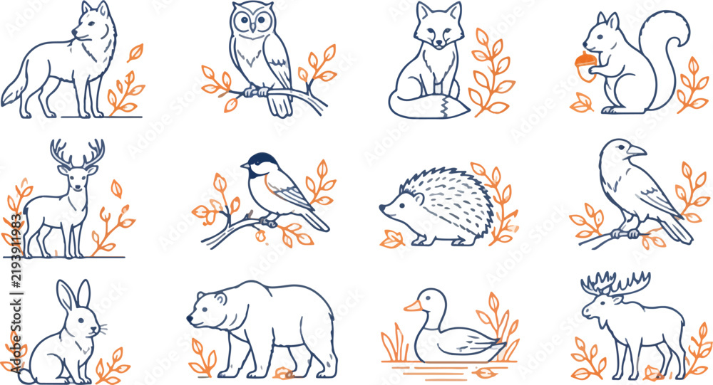 Obraz premium Woodland animal set with forest wildlife icons in line art
